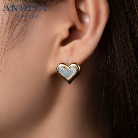 ANMIYA Minimalist Luxury 18K Gold Heart White Shell Gold Plated Necklace Earrings Set 925 Silver for Women
