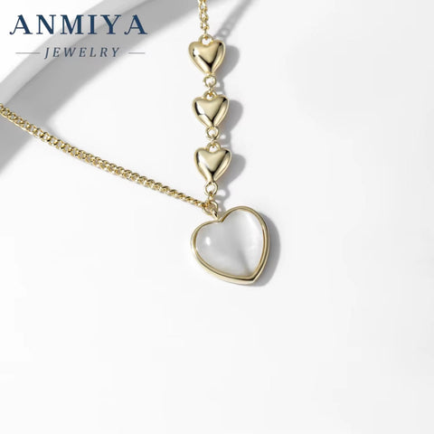 ANMIYA Fashion 925 Sterling Silver Necklace Chalcedony Heart Pendant 18K Gold Heart Pendant Stylish Jewelry Weddings Engagements
