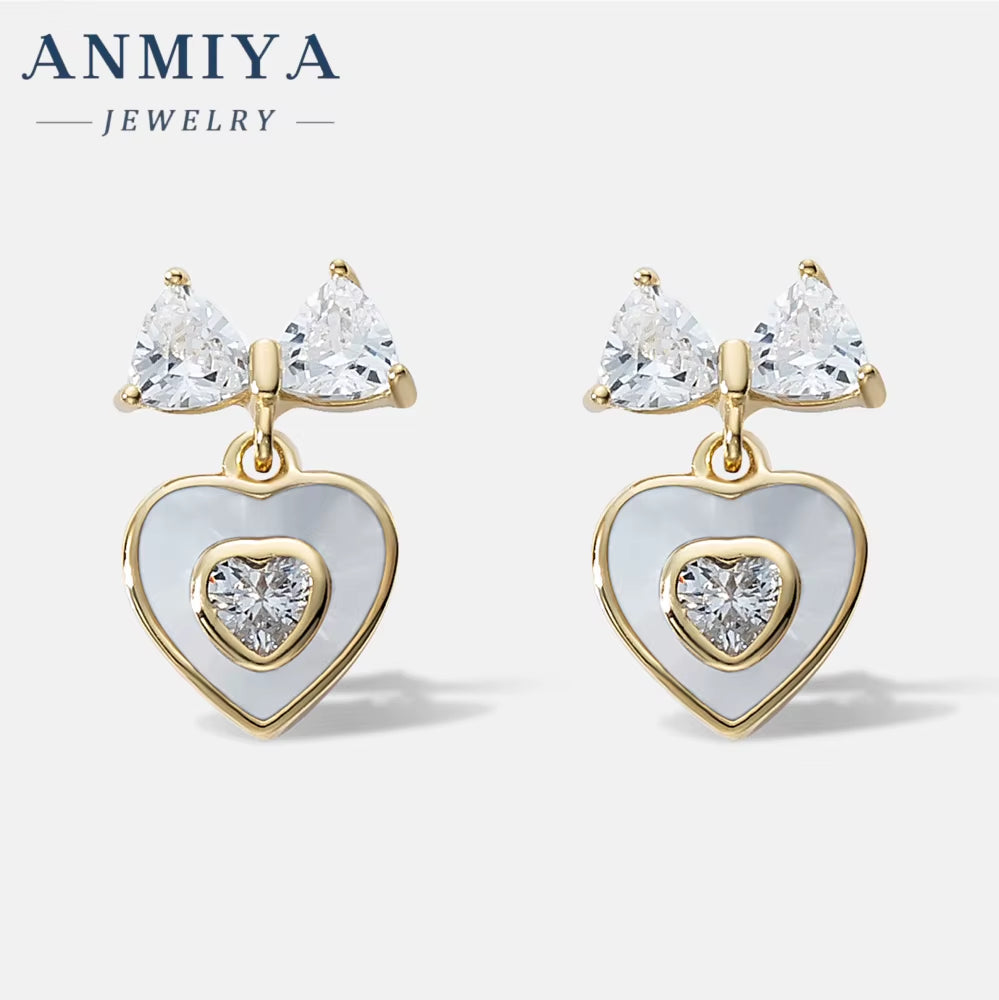 Hotsale 2024 Heart Bow Lovely Drop Earrings 925 Sterling Silver Zircon 18K Gold Filled Lady Sweet Heart Stud Earrings