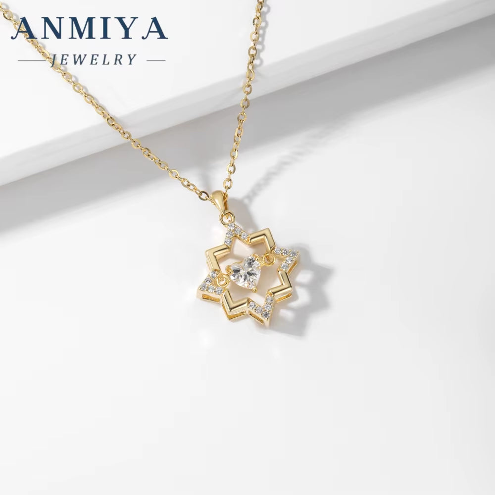 ANMIYA 925 Silver 18K Gold Plated Trendy Hollow Star with Zircon Heart Necklace Valentine'S Day Gift