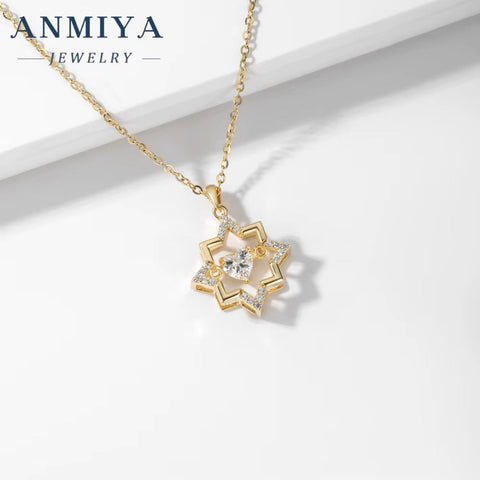 ANMIYA 925 Silver 18K Gold Plated Trendy Hollow Star with Zircon Heart Necklace Valentine'S Day Gift