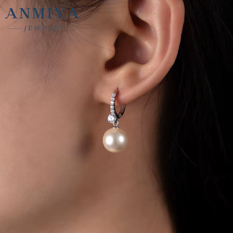 ANMIYA Korean Wedding Jewelry Gift 925 Sterling Silver Pearl Earrings Drop Pearl Hoop Earrings for Women