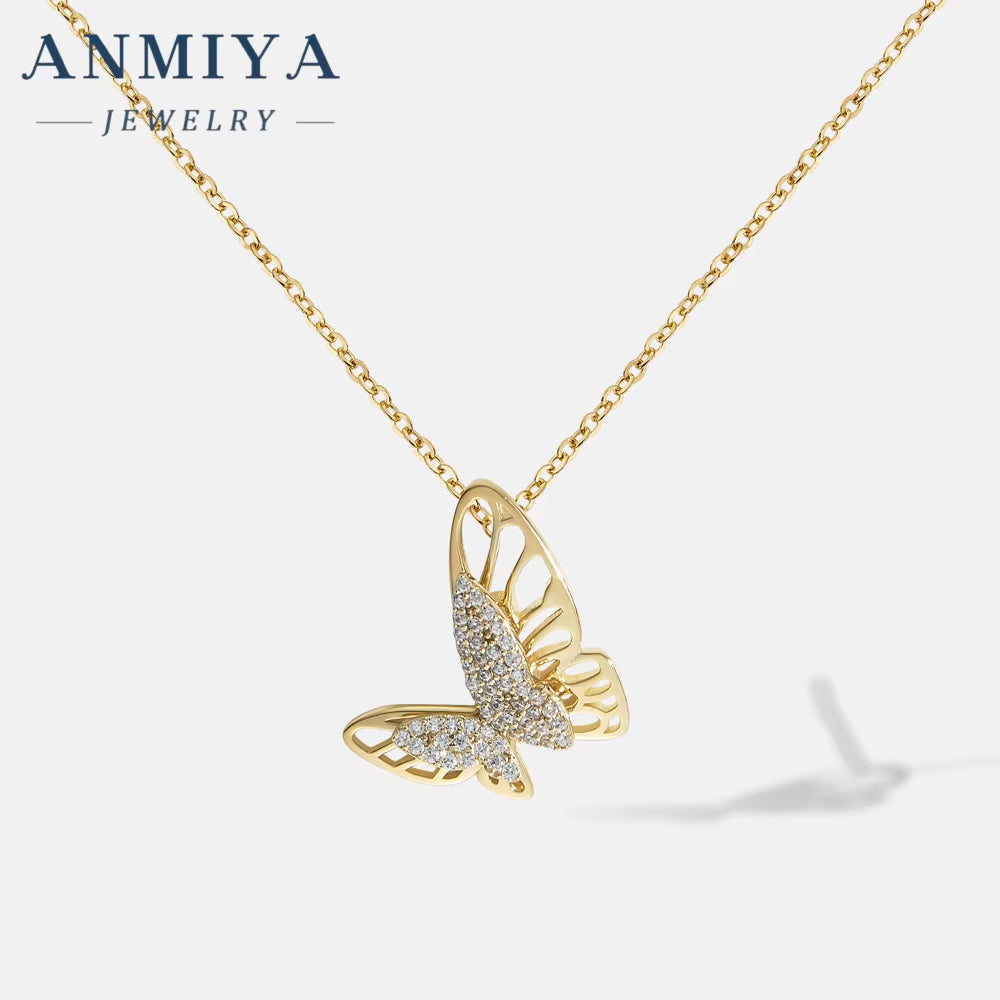 ANMIYA Jewelry 18K Gold Plated Hollow CZ Butterfly Pendant 925 Silver Necklace Fashion Jewelry for Women