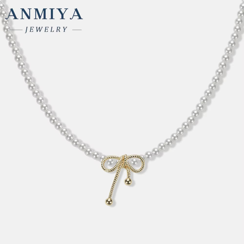 ANMIYA 18K Gold Plated Fashion Charms Choker 925 Silver Baroque Beaded Butterfly Bow Bead Jewelry Pearl Necklaces for Women