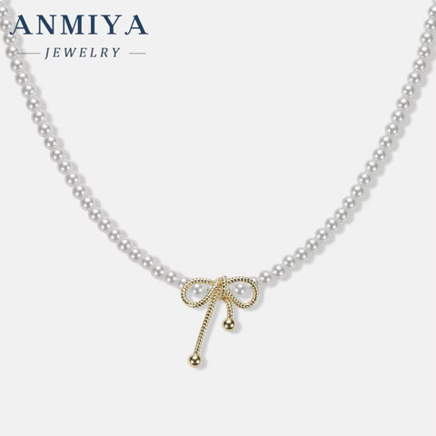 ANMIYA 18K Gold Plated Fashion Charms Choker 925 Silver Baroque Beaded Butterfly Bow Bead Jewelry Pearl Necklaces for Women