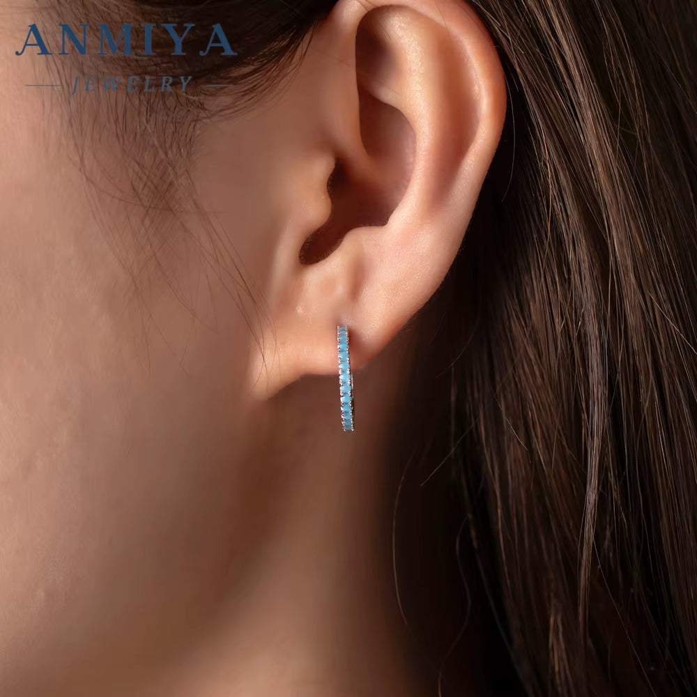 ANMIYA 925 Sterling Silver Hoop Earing 5A Zircon Blue Earrings Jewelry Earrings for Women