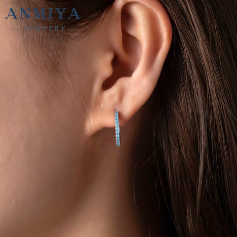 ANMIYA 925 Sterling Silver Hoop Earing 5A Zircon Blue Earrings Jewelry Earrings for Women
