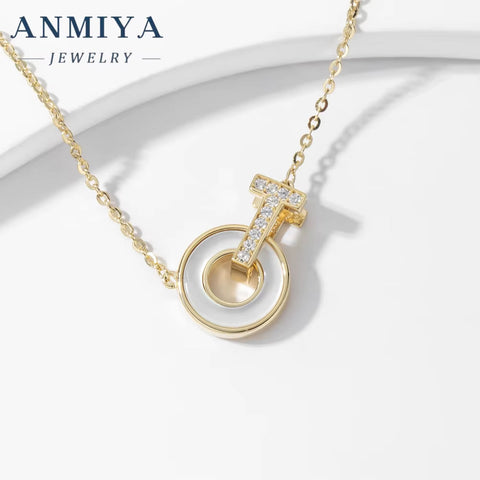 ANMIYA High Quality T Shape round Collarbone Fine Fashion 925 Sterling Necklace Silver with Zircon for Women'S Party Jewelry