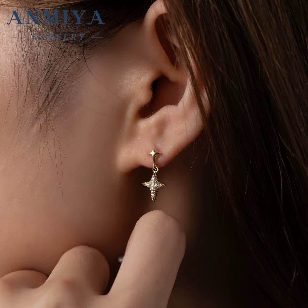 ANMIYA New Tide 925 Sterling Silver Hypoallergenic Minimalist Star Drop Inlaid 18K Gold Zircon Women'S Stud Earrings