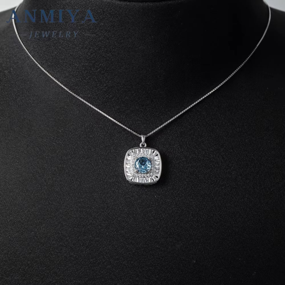 Luxury 925 Silver round Brilliant Cut Zircon Diamond Sapphire Square Necklace Jewelry for Women