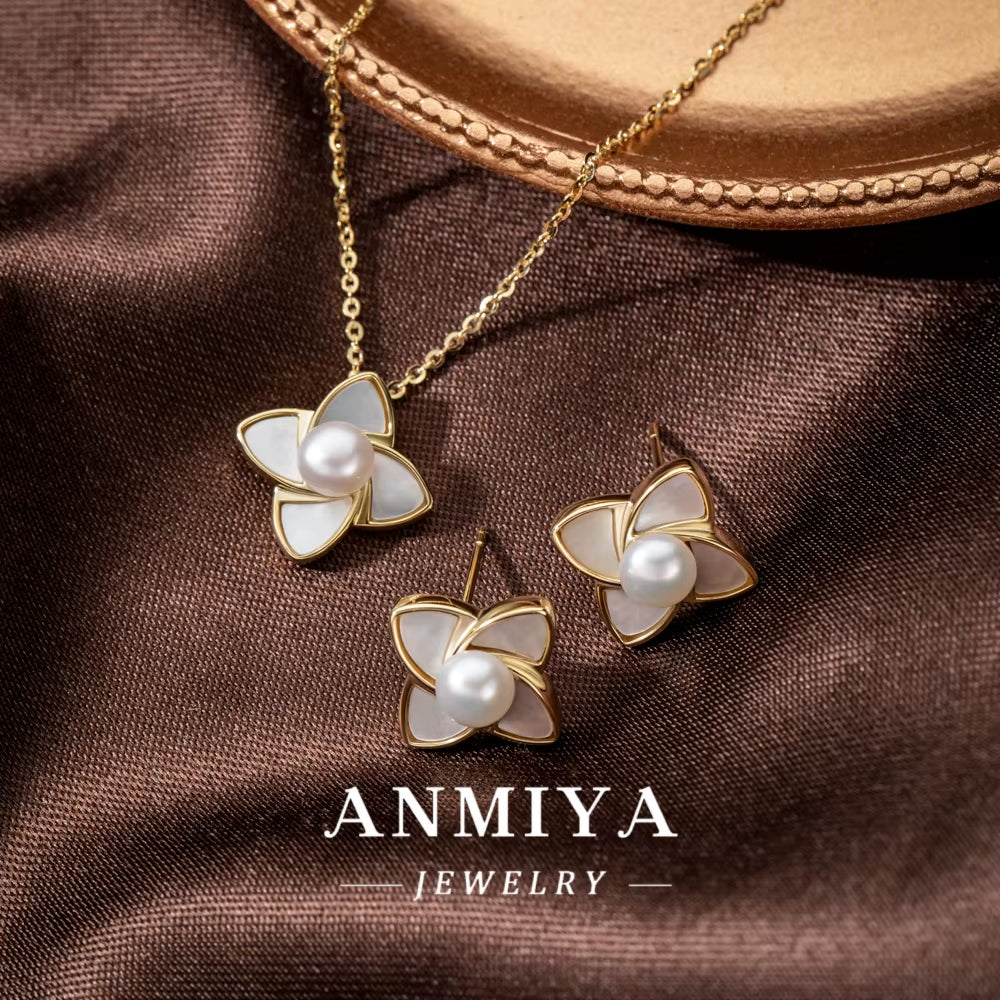 ANMIYA Accessory Jewelry Sterling 925 Inoxidable Flower Shape Freshwater Pearl Fashionable Necklace and Earrings Set