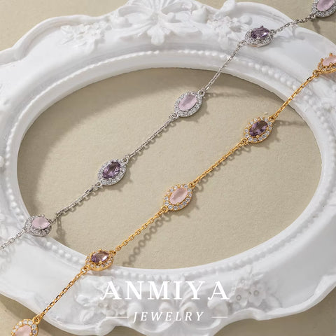 ANMIYA Custom Wholesale 925 Sterling Silver Zircon Bracelets Pink Zircon 18K Gold Link Chain Bracelets for Lovers