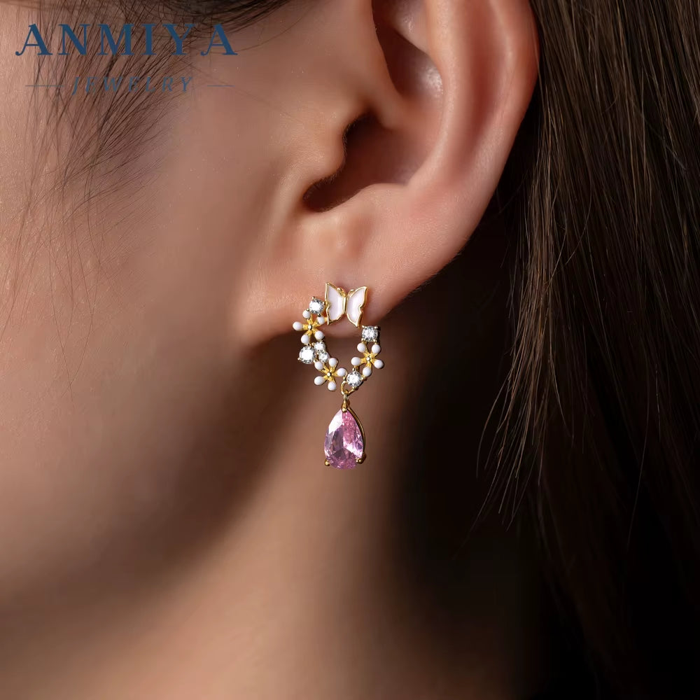 ANMIYA Best Selling Accessory Jewelry Sterling 925 Pink Zircon Water Drop Garland Earrings Set and Necklace for Gift Girls