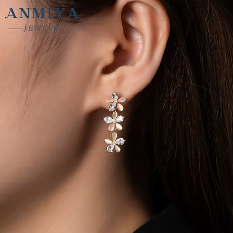 ANMIYA 925 Sterling Silver Women'S Korean Style Fine Long Flower Earrings Necklaces Set Dainty Zircon Weddings Gifts Wholesale