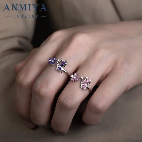 Luxury Wholesale 925 Sterling Silver Butterfly Floral Ring with Pink Purple Zircon for Party Events, Anniversary Gifts