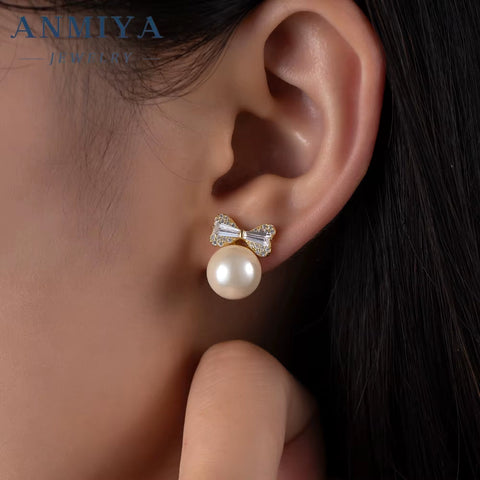 ANMIYA Gold Plated Bowknot Stud Earrings Pearl Festive Earring for Women Girls Christmas Jewelry Gifts