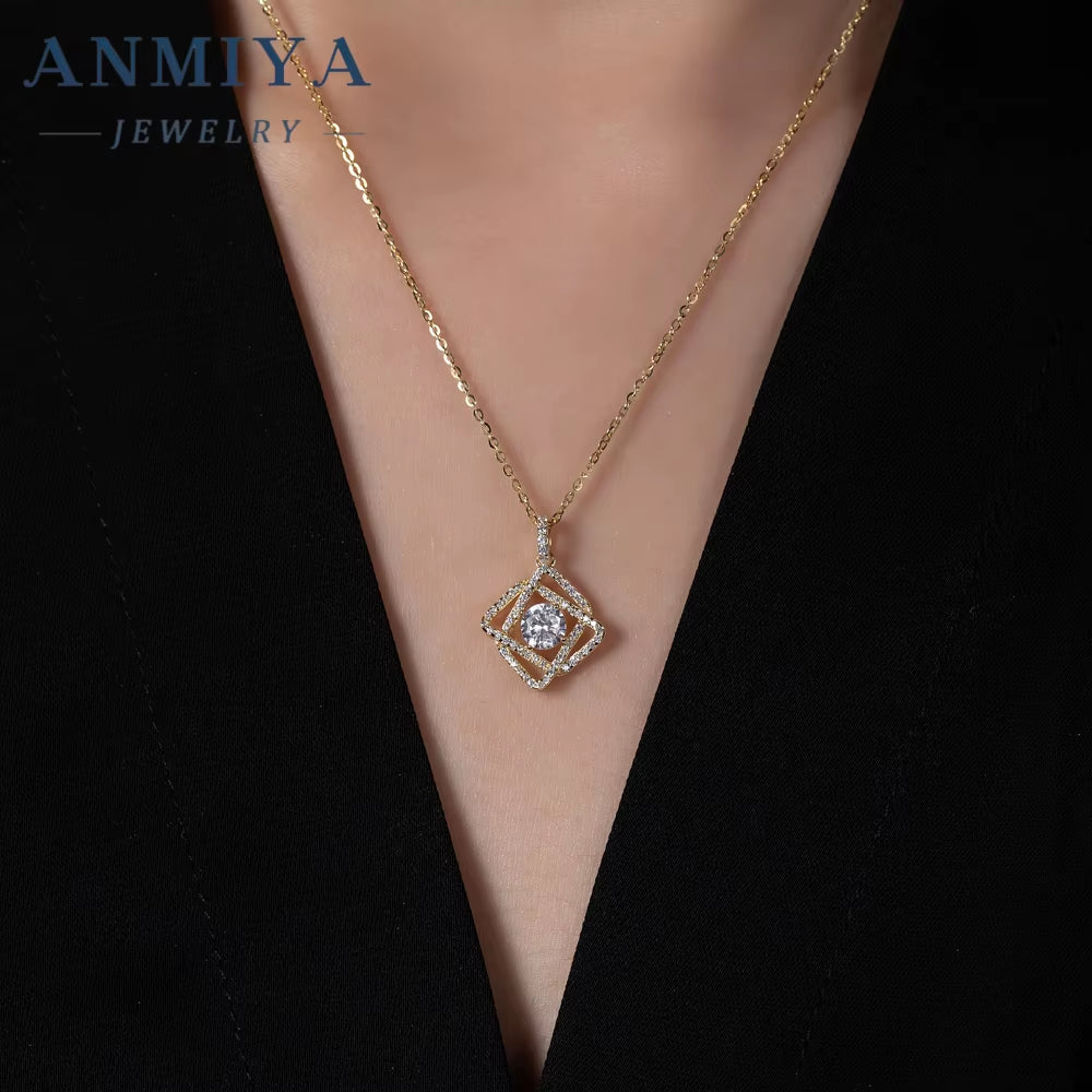 ANMIYA Wholesale 925 Silver Simple Geometric Statement Necklace Hollow Diamond Zircon Square Pendant Necklace