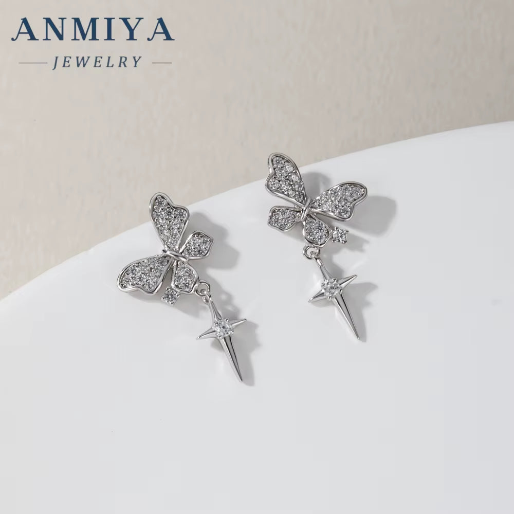 ANMIYA CZ Zircon Butterflies Earrings with Tassel 925 Silver Butterflies Pendant Earrings Gift for Daily Jewelry