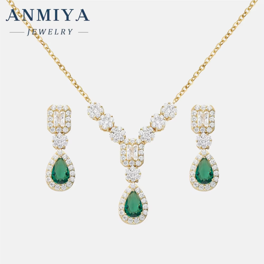 Fashionable Best Selling Emerald Zircon 925 Silver 18K Gold Necklace Pendant Jewelry Water Resistant Necklace Earrings Set