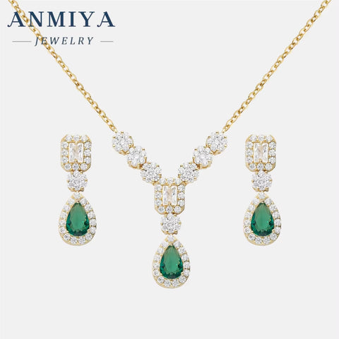 Fashionable Best Selling Emerald Zircon 925 Silver 18K Gold Necklace Pendant Jewelry Water Resistant Necklace Earrings Set