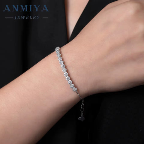 ANMIYA Trendy Sterling 925 Silver Tennis Bracelet High Quality Adjustable CZ Diamond and Flower Hand Chain for Gift