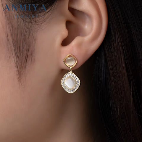 ANMIYA Glaring Gorgeous Anniversary Gift Geometric Diamond Necklace 18K 925 Silver Earrings Necklace Jewlery Set