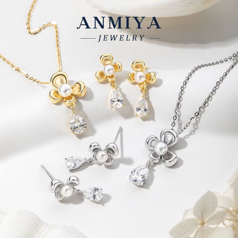 Custom 925 Sterling Silver Jewelry Set Freshwater Pearl Necklace Earrings Trendy Four Leaf Clover Fashion Necklace OEM