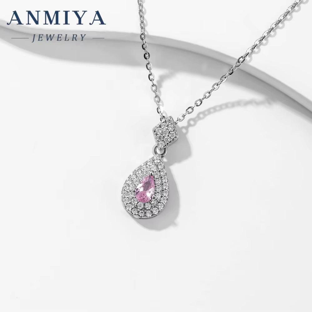 ANMIYA Factory Wholesale Jewelry Luxury Ice Pear Cut Pendant 925 Sterling Silver Ice Pink Necklace