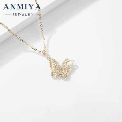 ANMIYA Luxury Fine Necklace Jewelry 925 Sterling Silver Butterfly Pendant 18K Gold Plated Necklace for Women