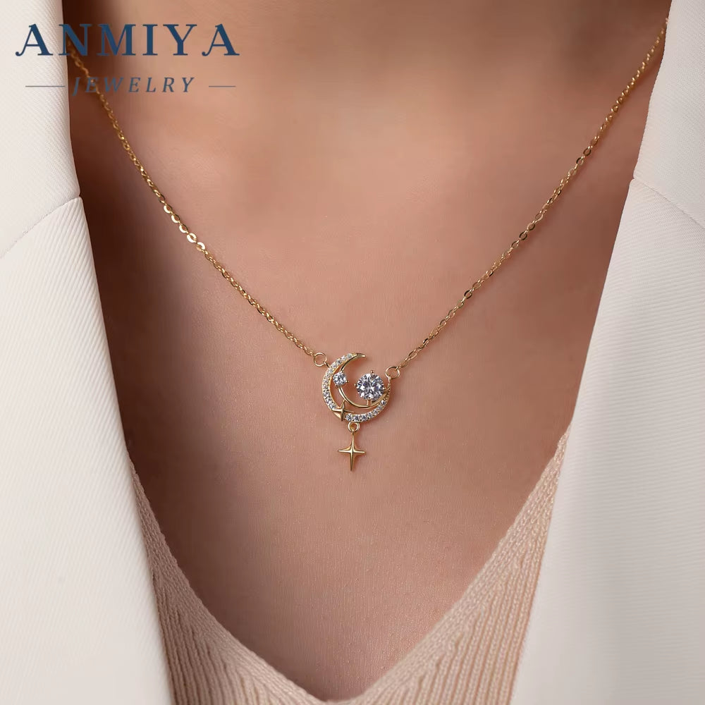 Fashion Waterproof Jewelry 18K Gold Plated 925 Silver Moon and Star Necklaces for Women