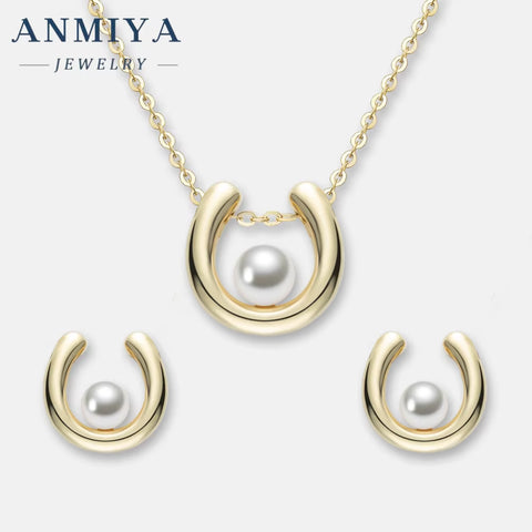 ANMIYA Trendy Best Selling U Shape Freshwater Pearl 18K Gold 925 Silver Necklace and Stud Earrings for Women Formal