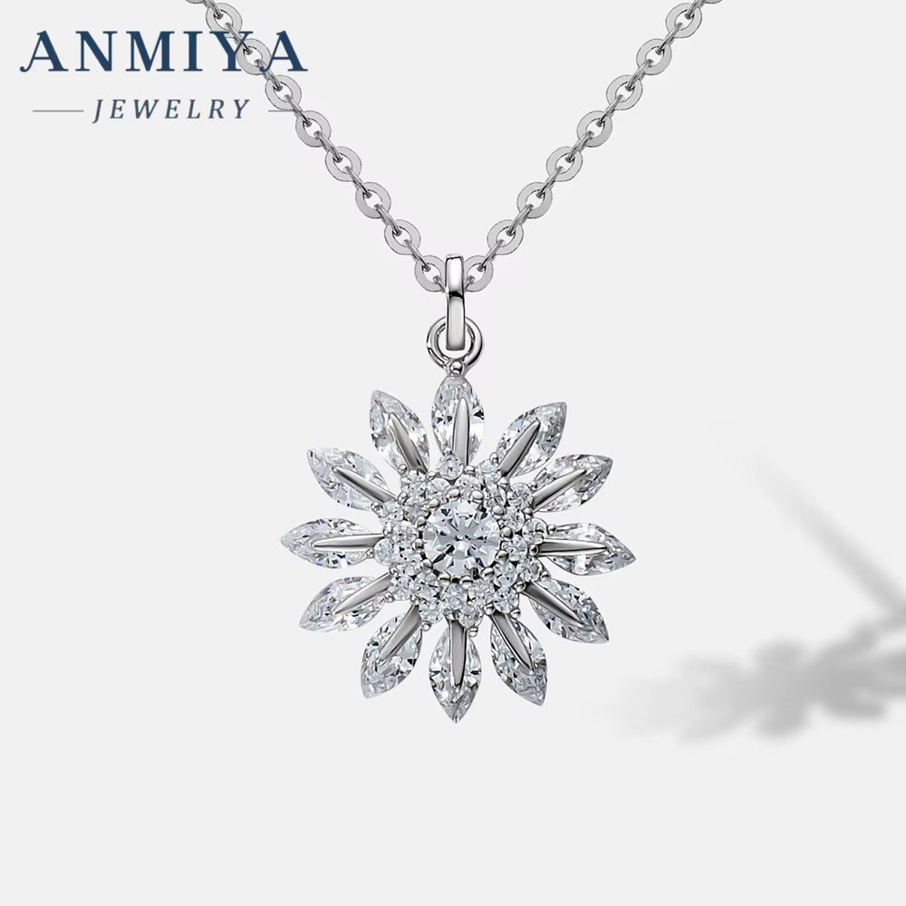 Wholesales Fine Jewelry 925 Silver White Zircon Big Sunflower Diamond Necklace for Women Girl Bestfriend