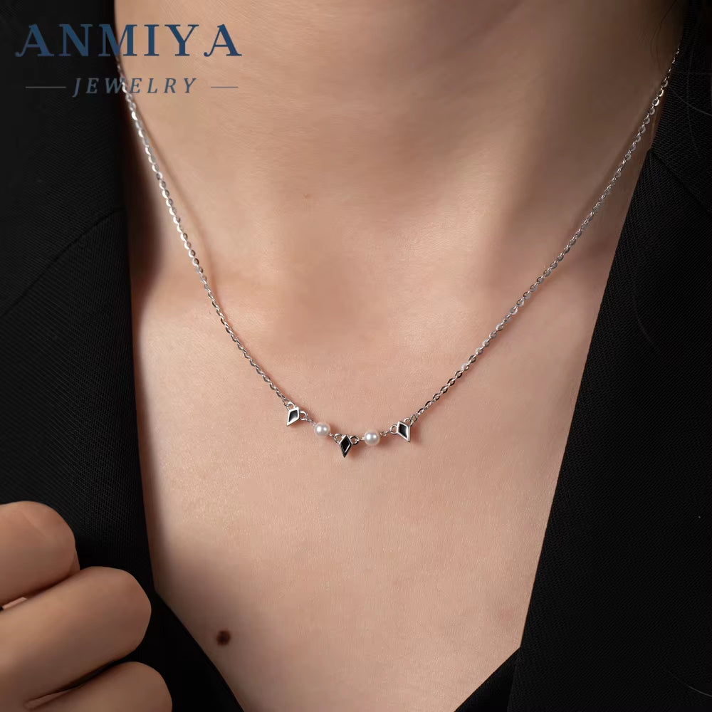 ANMIYA Fine 925 Silver Black Rhomboid Nature Fresh Water Pearl Necklace Jewelry Fashion for Women