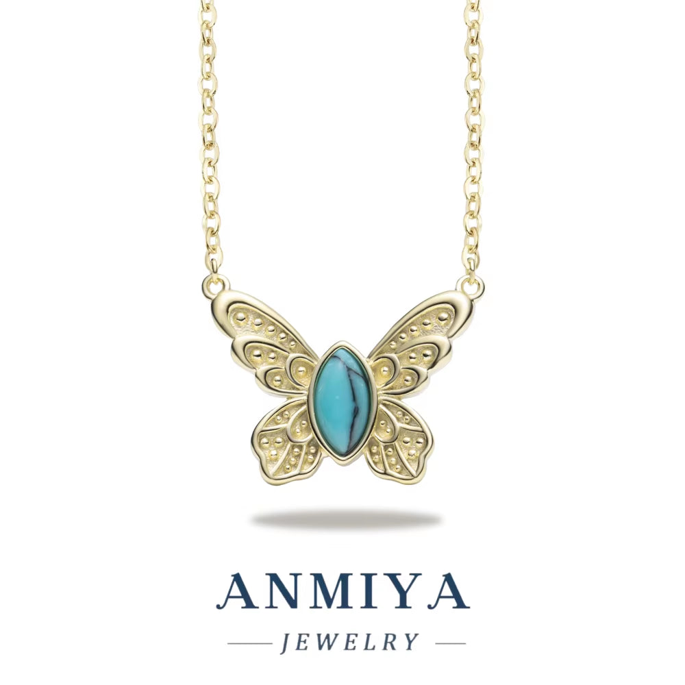 ANMIYA Women'S Trendy 925 Sterling Silver Butterfly Necklace 18K Gold Link Chain with Zircon and Turquoise Stone