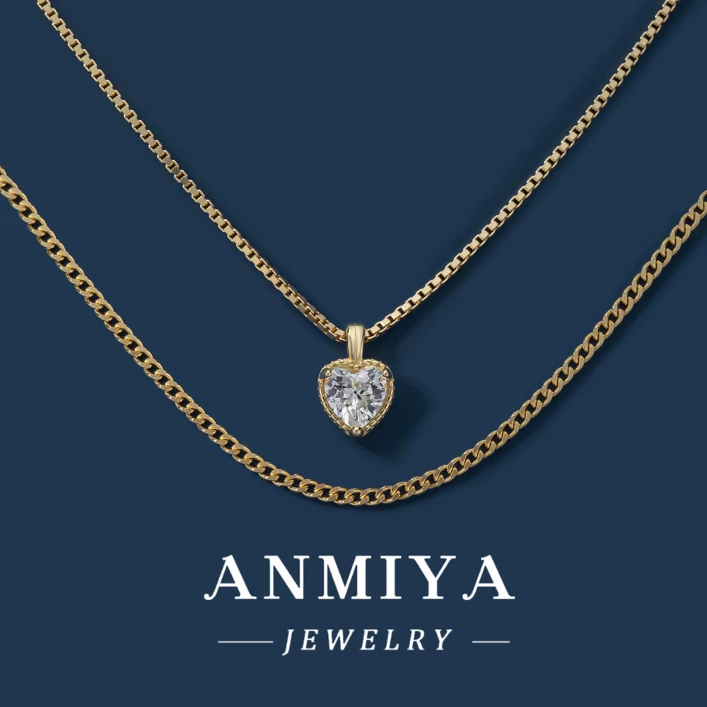 ANMIYA 18K Gold Plated Double Layer Chain Necklaces 925 Silver CZ Zircon Heart Pendant Necklaces for Mother