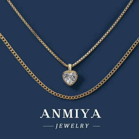 ANMIYA 18K Gold Plated Double Layer Chain Necklaces 925 Silver CZ Zircon Heart Pendant Necklaces for Mother