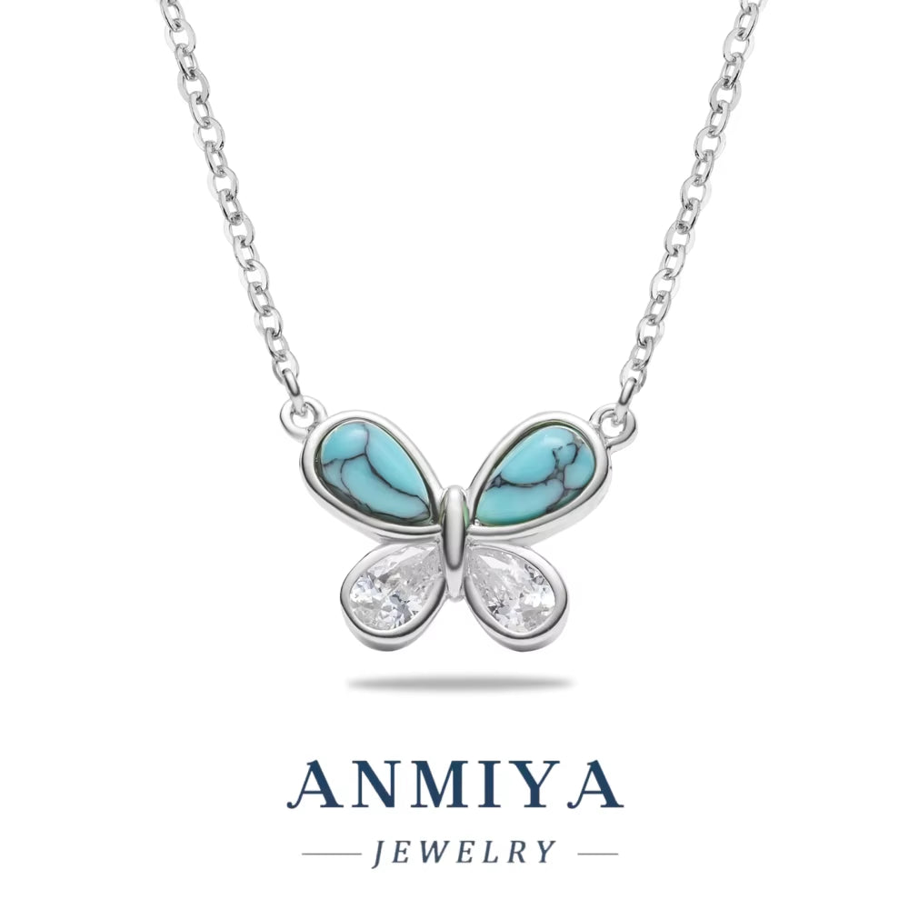 ANMIYA Women'S 925 Sterling Silver Butterfly Necklace with Turquoise Stone and Zirconia Link Chain Valentine'S Day Gift