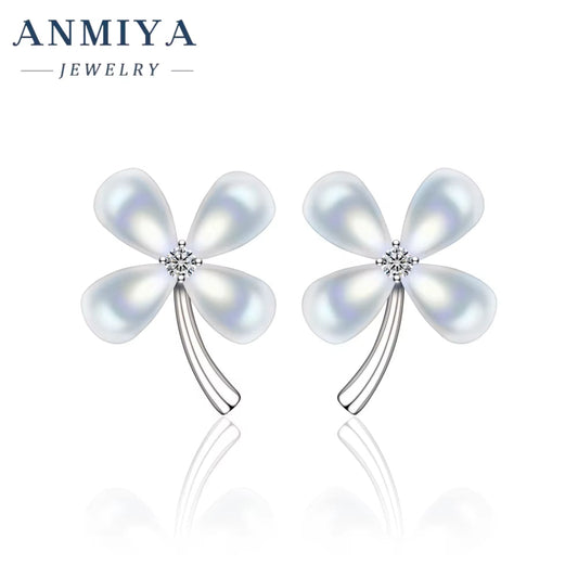ANMIYA Earrings Silver 925 Sterling Women Zircon with Floral Stud Earrings for Girls