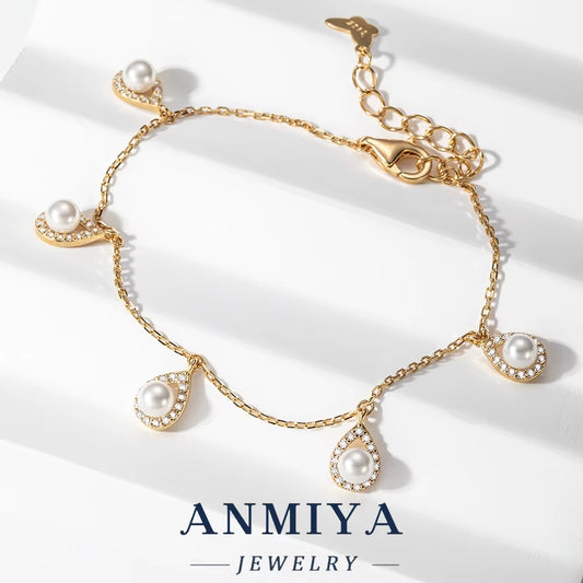 Vintage Silver Jewelry Four-Leaf Clover Bracelet with Water Drop Design & Pearl Inlay, Spring Ring Closure for Boho Style