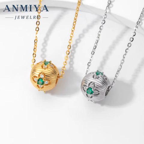 ANMIYA Minimalist 18K Gold Plated Flower Inlay Emerald and Zircon Necklace with Certificate