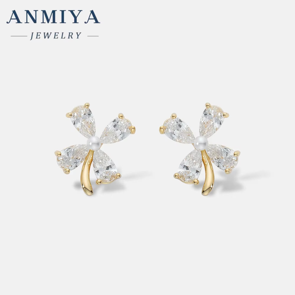 ANMIYA Four Clover Flower Fine Jewelry Fashion 925 Sterling Silver Zircon Stud Earrings for Women Girl