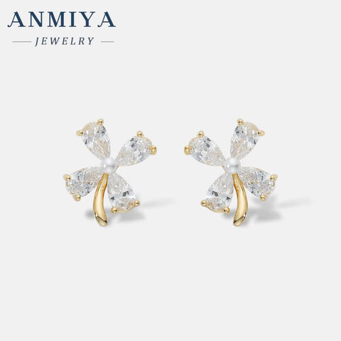 ANMIYA Four Clover Flower Fine Jewelry Fashion 925 Sterling Silver Zircon Stud Earrings for Women Girl