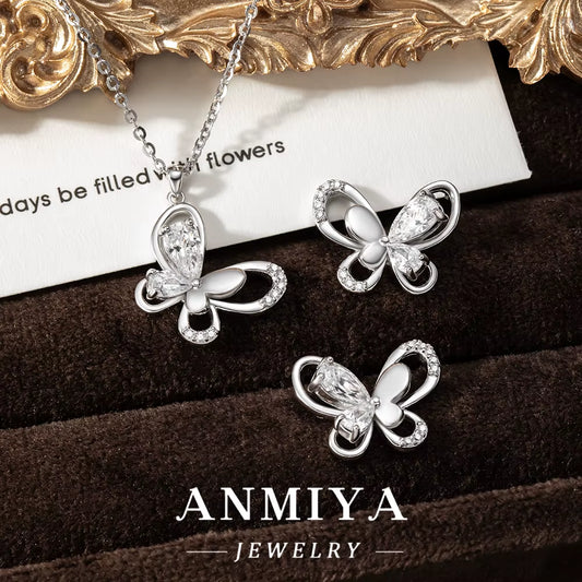 Romantic Butterfly Motif Silver 925 Set with Intricate Cutout Design Necklace and Earring Sets Lightweight Style for Daily