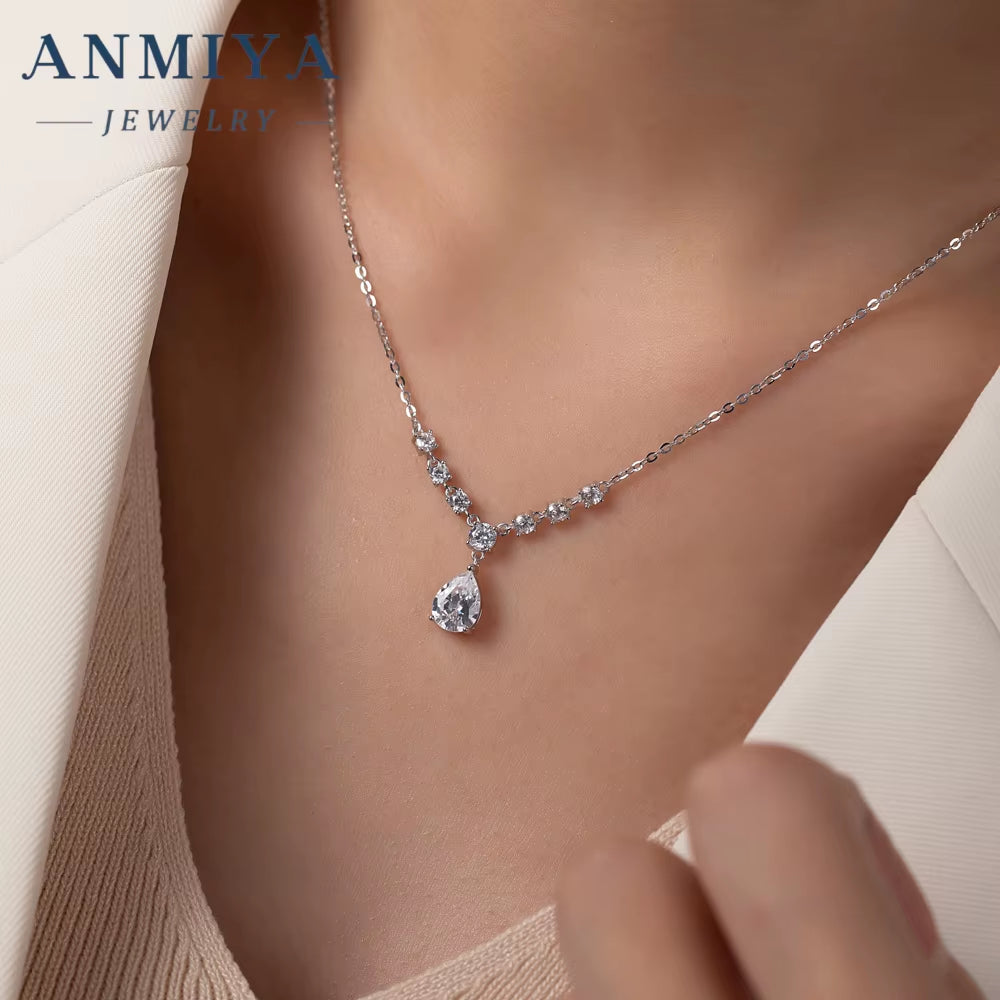 ANMIYA Latest Design Fancy Diamond Pear Cut Pendant Necklace Jewelry 18K Gold Plated Zircon Necklace for Wholesale