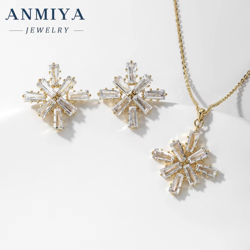 ANMIYA Full Colorful Cubic Zirconia Flower Pendant Necklace Hot Sale CZ Snowflake Pendant Necklace Earrings for Women