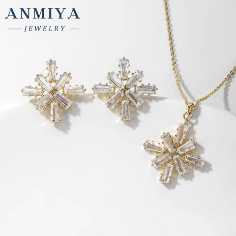 ANMIYA Full Colorful Cubic Zirconia Flower Pendant Necklace Hot Sale CZ Snowflake Pendant Necklace Earrings for Women