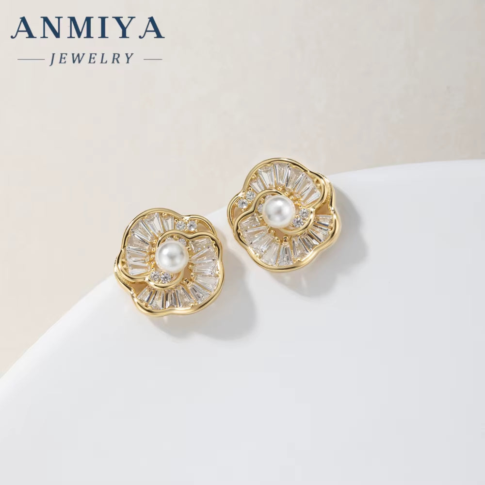 ANMIYA Customilzed 18K Gold Plated Flower Shape Fresh Water Pearls Earrings Necklace Jewelry Set for Girl