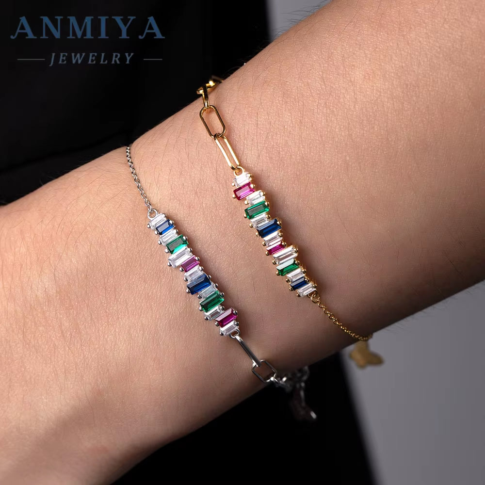 ANMIYA Custom Luxury Cubic Zircon Bracelet 925 Silver Jewelry Waterproof 18K Gold Plated Colorful Tennis Chain Bracelet