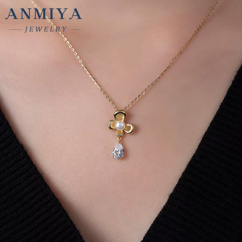 Hot Sale Fashion Jewellery Necklace Earrings Set Inlaid Zirconia Pearl Flower 925 Silver Stud Earrings Necklace for Women