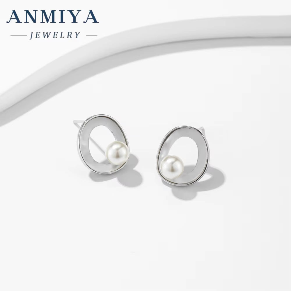 2024 Elegant White Pearl Diamond Stud Earrings Jewelry Geometric Silver Earrings for Women